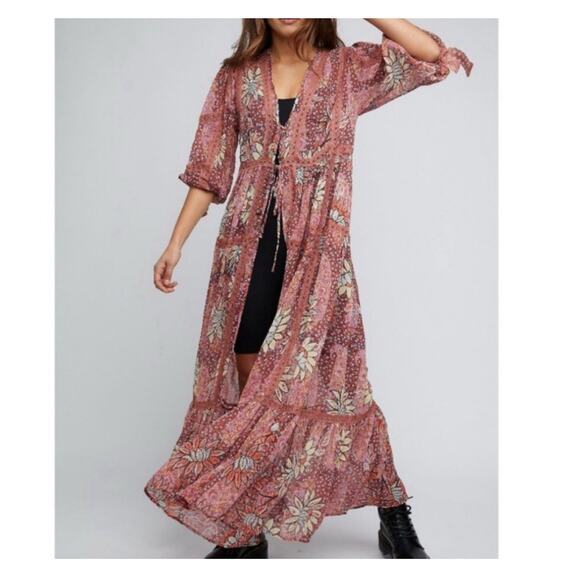 Free People Maxi Kimono Sheer Floral Rose Combo Robe Duster Cover-Up Sz M/L Boho - Picture 5 of 16